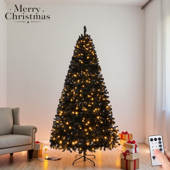 6FT Pre-Lit Artificial Christmas Tree with 250 LEDs, 8 Lighting Modes, Sturdy Iron Stand, for Indoor Home Living Room, Black