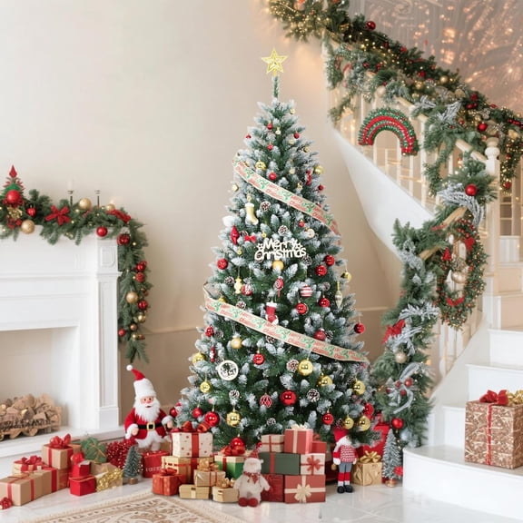 6FT Pre-Lit Artificial Christmas Tree with Pinecones, Warm White Lights, Hinged Branches, PVC Fir Tips, Easy Assembly