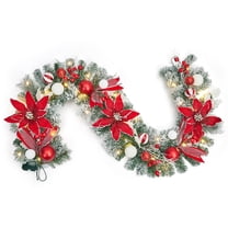 6FT Pre-Lit Christmas Garland, Battery Operated Xmas Garland with 20 Lights, Flowers, Ball Ornaments, Berries for Fireplace Mantle Indoor Outdoor Decoration
