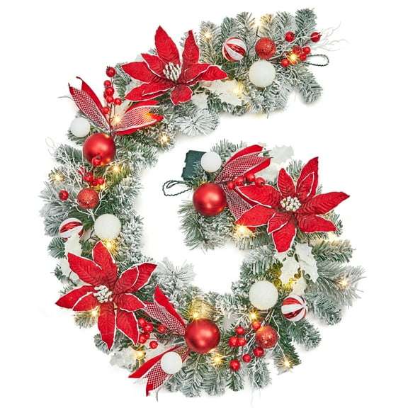 6FT Pre-Lit Christmas Garland, Battery Operated Xmas Garland with 20 Lights Flowers Ball Ornaments Berries, Xmas Decorations for Fireplace Mantle Indoor Outdoor Decoration