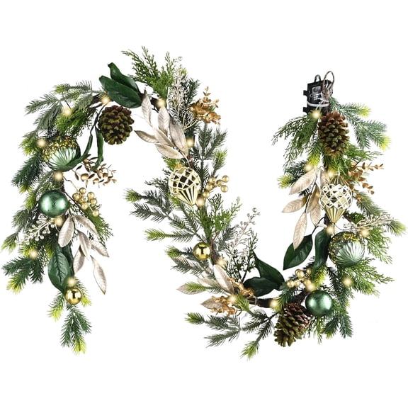 6FT Pre-Lit Christmas Garland with Lights, Decorated with Pinecones, Leaves, Gold & Green Ornaments, Sparkling Holiday Decor for Stairs, Fireplace, Doorway - Festive Winter Home Decor