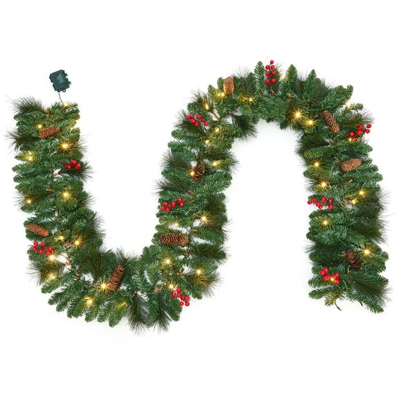 6FT Pre-Lit Christmas Garland with 20 LED Lights,Artificial Xmas Garland with Pine Cones & Red Berries, for Mantle Fireplace Stairs,9FT
