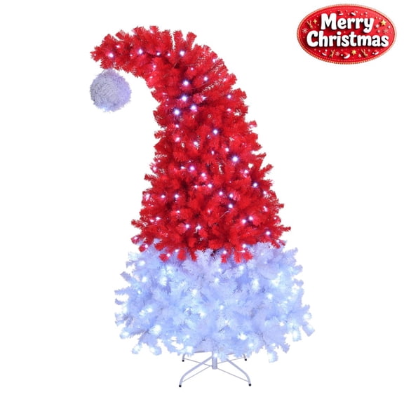 6FT Pre-Lit Christmas Tree in Santa Hat Style, Red & White Artificial Xmas Tree with 1050 PVC Branch Tips, 300 Cold White LED Lights, Unique Holiday Decoration