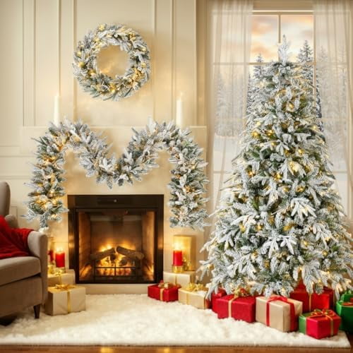 6FT Pre-Lit Christmas Trees Set of 3, Snow Flocked Artificial Christmas Trees with 400 LED Lights, Christmas Wreath, and 9FT Garland for Fireplace, Front Porch, Seasonal Holiday Decoration
