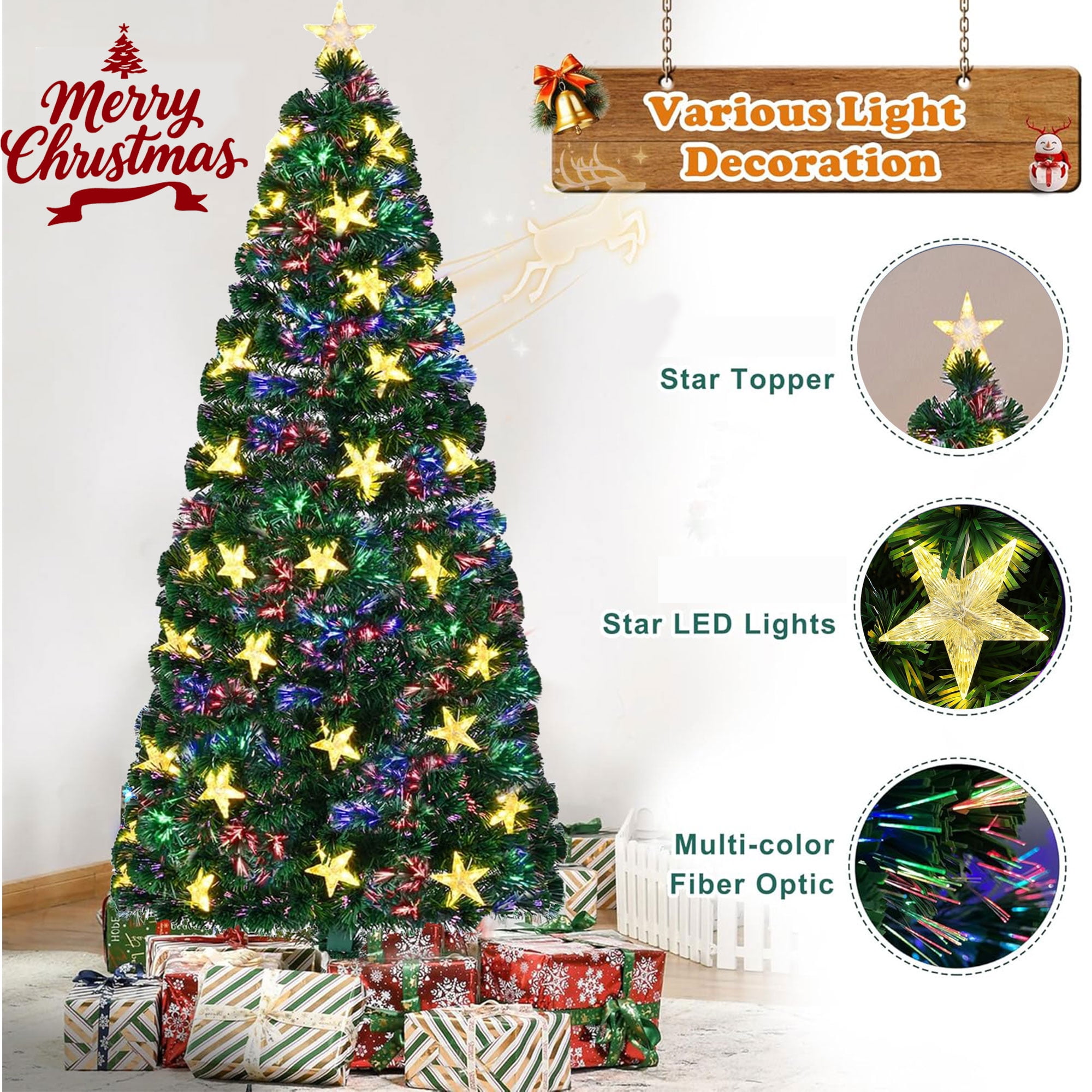 6FT Pre-Lit Fiber Optic Christmas Tree, 185 Warm White LEDs Color ...