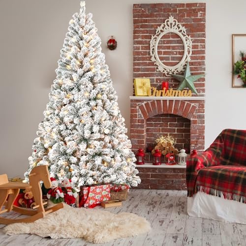 6FT Pre-Lit Flocked Christmas Tree with 250 Warm White Lights, Full ...