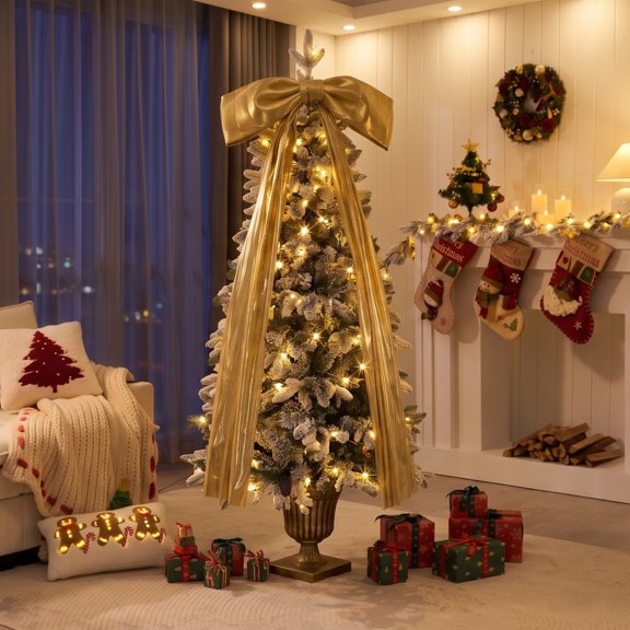 6FT Pre-Lit Flocked Christmas Tree with 42 Pine Cones & Gold Ribbon Bows, 200 Warm White LEDs, 8 Lighting Modes, 537 Tips, Retro Roman Urn Base, Green/White/Gold