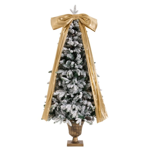 6FT Pre-Lit Flocked Christmas Tree with 42 Real Pine Cones & Gold Ribbon Bows, 200 Warm White LEDs, 8 Lighting Modes, 537 Branch Tips, Artificial Snow Xmas Tree in Retro Roman Urn Pot Base for Holida