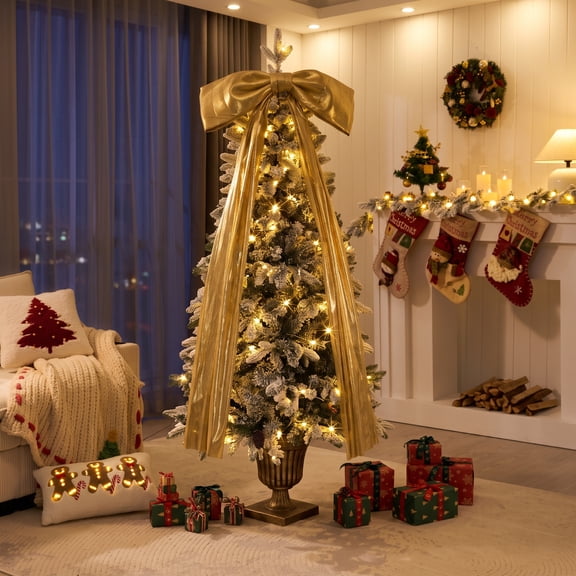 6FT Pre-Lit Flocked Christmas Tree with 42 Real Pine cones & Gold Ribbon Bows, 200 Warm White LEDs 8 Lighting Modes, 537 Tips Artificial Snow Xmas Tree in Retro Roman Urn Pot Base for Holiday Decor