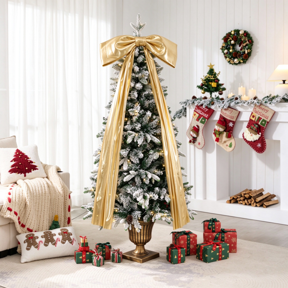 6FT Pre-Lit Flocked Christmas Tree with 42 Real Pine cones & Gold Ribbon Bows, 200 Warm White LEDs 8 Lighting Modes, 537 Tips Artificial Snow Xmas Tree in Retro Roman Urn Pot Base for Holiday Decor