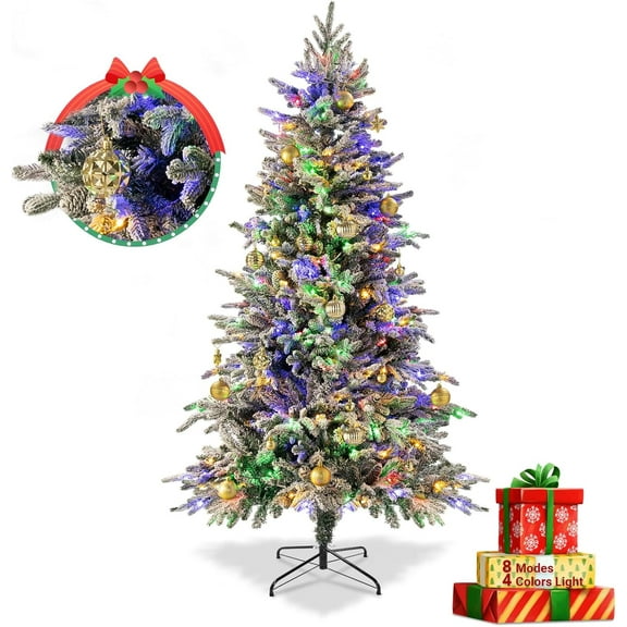 6FT Pre-Lit Flocked Green Artificial Christmas Tree with 8 Modes 4 Color 200 Lights, Xmas Tree with Pine Cones &1200 Branch Tips, Foldable Stand & Fire Resist for Festive Holiday Decoration