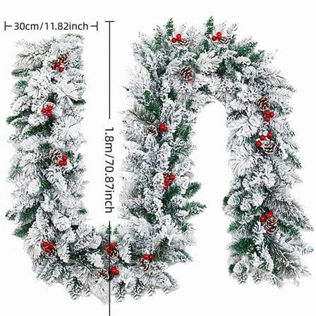 6FT Glowing Flocked Snow Christmas Garland with Pine Cones & Red Berries, Artificial Pine Garland with Warm Led Lights for Fireplace, Staircase & Mall Holiday Christmas Decoration