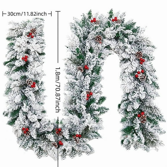 6FT Glowing Flocked Snow Christmas Garland with Pine Cones & Red Berries, Artificial Pine Garland with Warm Led Lights for Fireplace, Staircase & Mall Holiday Christmas Decoration