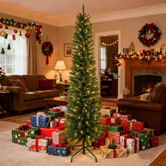 Bringstar 6FT Pre-Lit Pencil Christmas Tree,Green Artificial Xmas Trees, 150 LED Warm White Lights