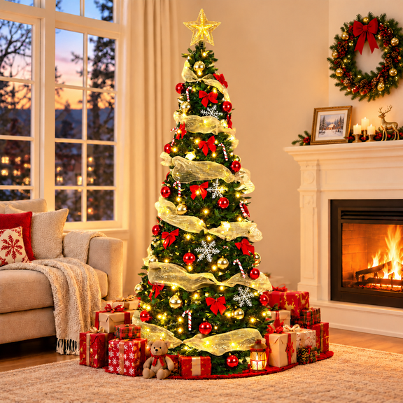 6FT Pre Lit Pop up Christmas Tree,Pre-Decorated Artificial Tree,Gold Surround Ribbon,Easy Assemble Collapsible Xmas Trees for Holiday Party Decoration