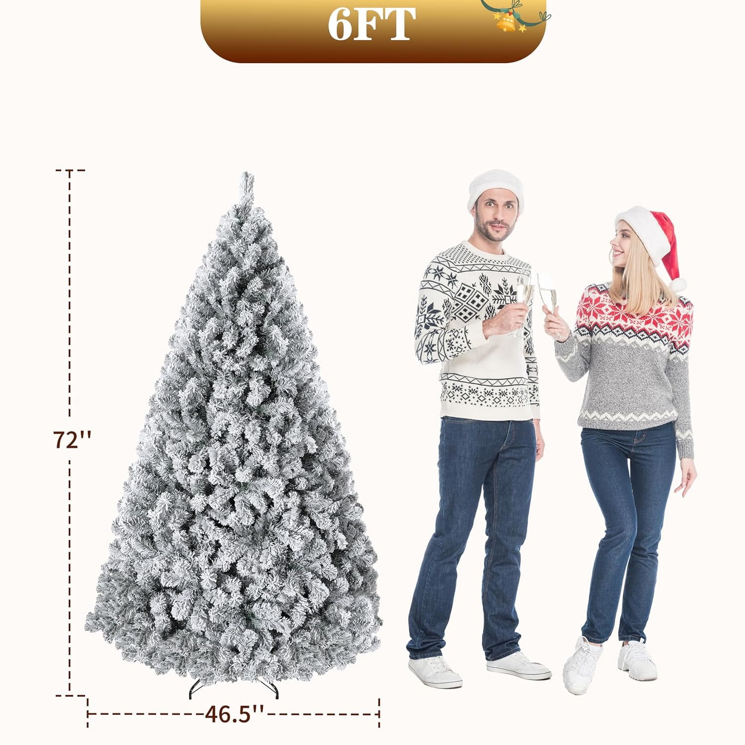 6FT Pre-Lit Snow Flocked Artificial Full Christmas Tree with Warm ...