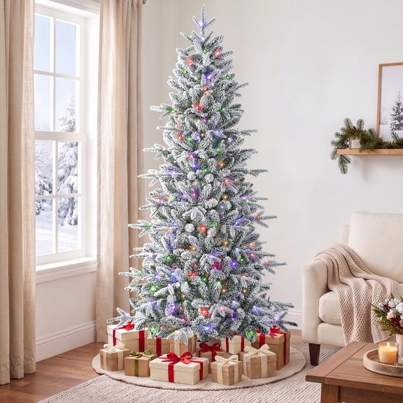 Goosiay 6 ft Pre-Lit Snow Flocked Slim Aspen Fir Artificial Christmas Tree, 900 PE & PVC Tips, 250 Warm White & Multicolor LED Lights