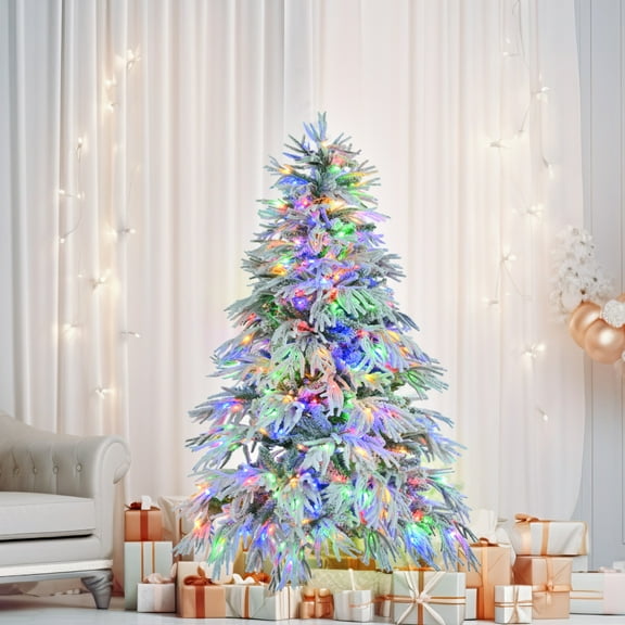 6FT Pre-Lit Spruce Snow Flocked Christmas Tree, Artificial Hinged Xmas Tree with 300 Multi-Color LED Lights, 8 Flashing Modes &790 Snow Branch Tips, Holiday Office Home Dcor