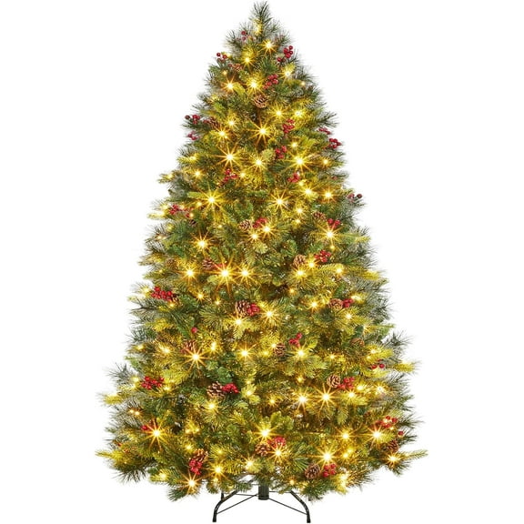 6FT Pre-lit Artificial Christmas Tree, Pre-Decorated Fluffy Fraser Fir with 350 Warm White Lights, 900 Hinged Branch Tips, Pine Cones & Berries, Includes Metal Stand for Holiday Decor