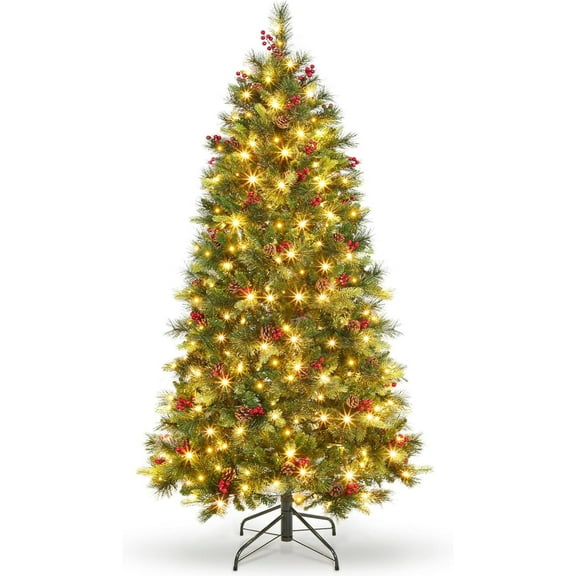 6ft Pre-Lit Norway Spruce Artificial Christmas Tree with 250 Warm White Lights, Auto-Hinged Branches, Pine Cones, Holly Berries & Metal Stand