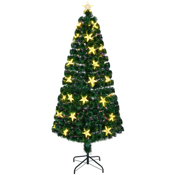 6FT Pre-lit Fiber Optic Christmas Tree with Large Stars, Artificial Chritsmas Tree Spruce Tree Color Changing Optical Fiber Lights,with Metal Stand,Full Tree for Holiday Decoration