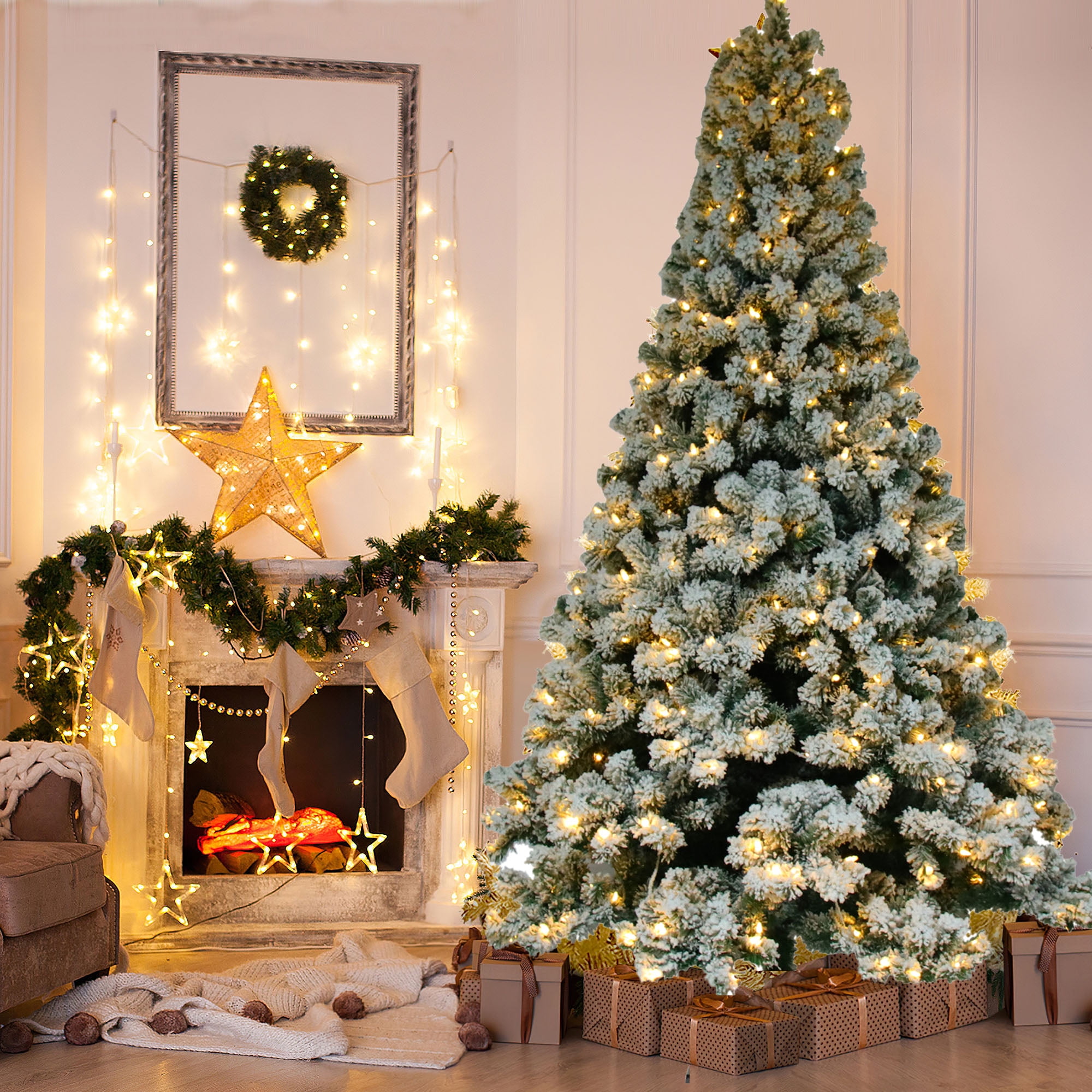 6FT Pre lit Flocked Christmas Tree Green Artificial Trees White