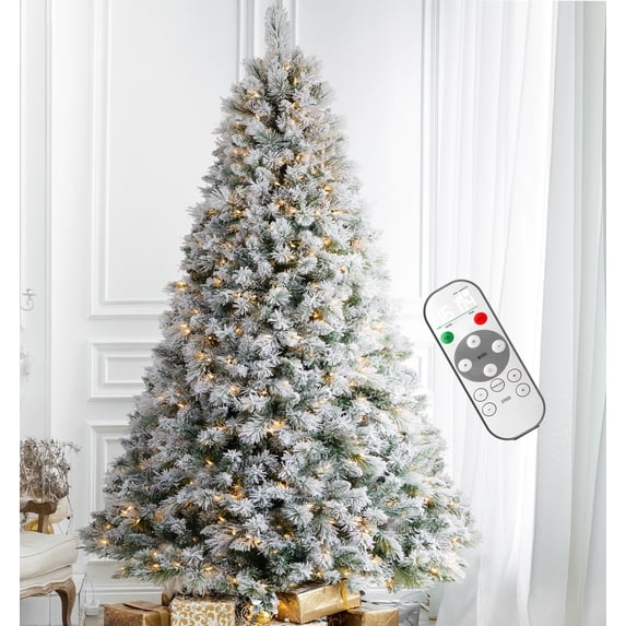 6FT Prelit Snow Flocked Artificial Holiday Christmas Tree with Remote, 300 Warm White Multi-Color Lights, Full Hinged Spruce Branch Tips for Home, Office, Party Decoration Dual Color LED