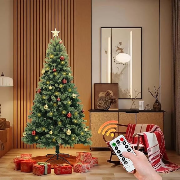 6FT Premium Artificial Christmas Tree with Remote Control& Light Bar, Green Holiday Tree for Living Room Office Party Decoration, Premium Hinged Artificial Pine Lighted Holiday with Metal Stand
