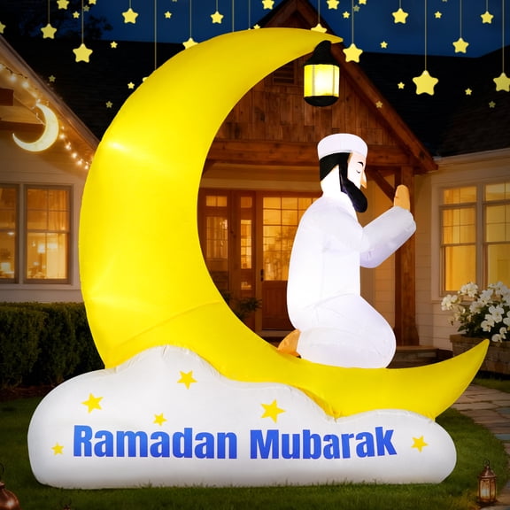 6FT Ramadan Inflatable - Muslims Pray Under Moon with LED Lights for Eid Holiday Yard Garden Decor
