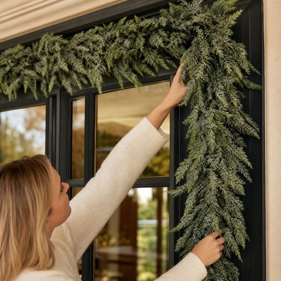 6FT Real Touch Artificial Cedar Garland, Winter Cedar Pine Garland, Green Artificial Greenery Garland for Table, Mantle, Wall, Indoor, Outdoor Christmas Decorations