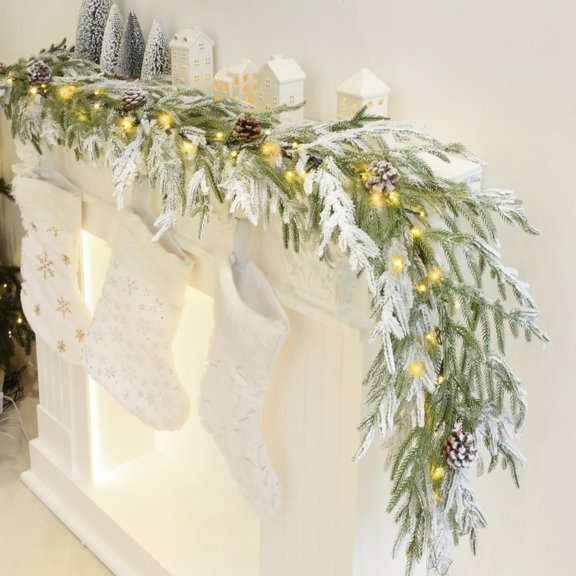 6FT Real Touch Norfolk Pine Garland Christmas Garland with Pinecone and White Snow Battery Operated Prelit Garland Christmas Decorations for Mantle Fireplace Xmas Home Decor