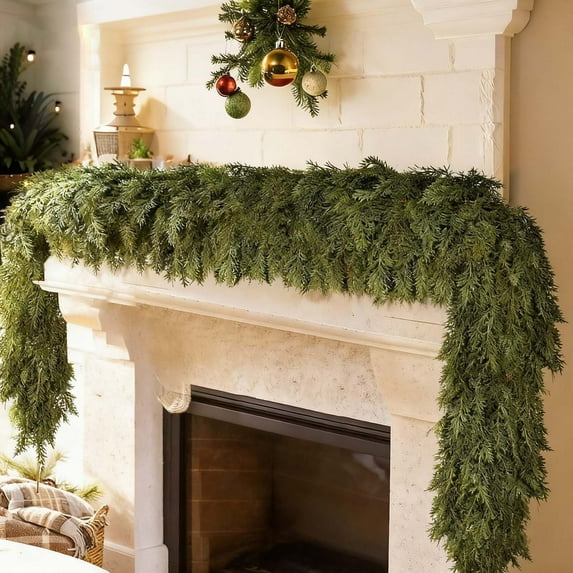 6FT Realistic Artificial Cedar Pine Garland with 100 Pine Branches - Thick Lush Full Greenery Garland for Fireplace Mantle Indoor Outdoor Christmas Holiday Home Party Decorations