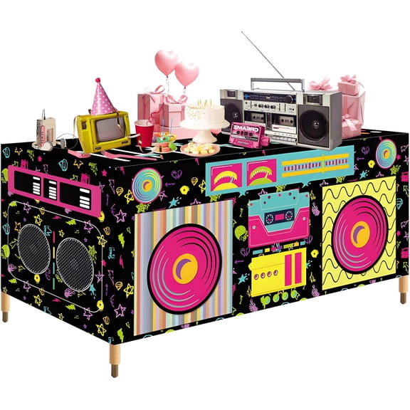 6FT Rectangle 80s 90s Boom Box Tablecloth, Retro Radio Stereo Speaker Print Washable Fabric Table Cover for Hip Hop Birthday, Rap Music Party, DJ Dance, Back to 1980s 1990s Throwback Decorations