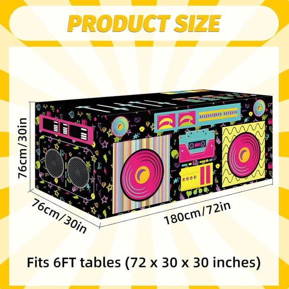 6FT Rectangle 80s 90s Boom Box Tablecloth, Retro Radio Stereo Speaker Print Washable Fabric Table Cover for Hip Hop Birthday, Rap Music Party, DJ Dance, Back to 1980s 1990s Throwback Decorations
