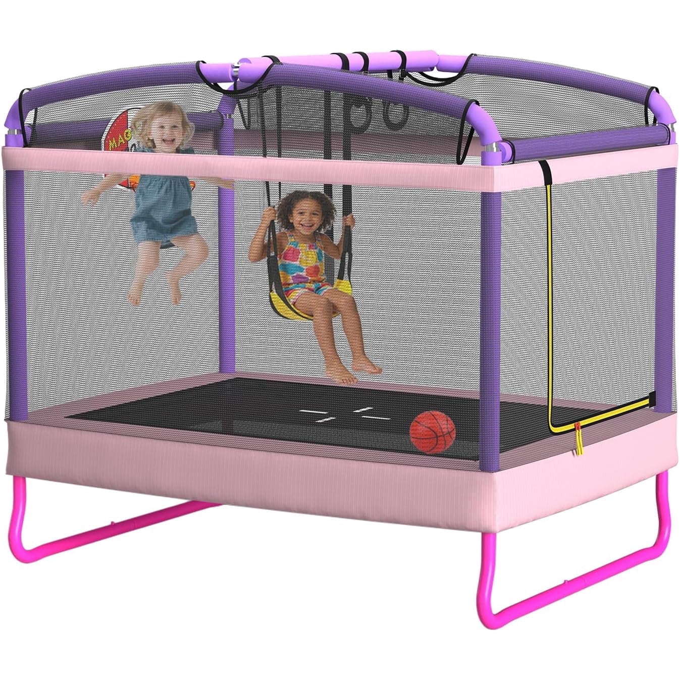 6FT Rectangle Toddler Trampoline by LANGXUN, 5-in-1 Kids Mini Trampoline Featuring Safety Enclosure Net for Indoor & Outdoor Use