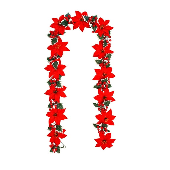 6FT Red Berry Christmas Garland, Artificial Berries Garland, Poinsettia Flowers and Holly Leaves, Poinsettia Christmas Decorations for Indoor Outdoor Holiday Home Decor
