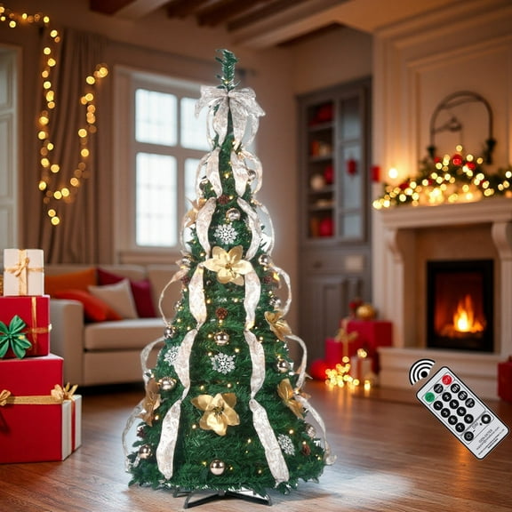 6FT Remote-Controlled Pop-Up Xmas Tree, Pre-Decorated Pre-Lit Festive Sparkle Pine with Foldable Base for Holiday Parties, Champagne Gold