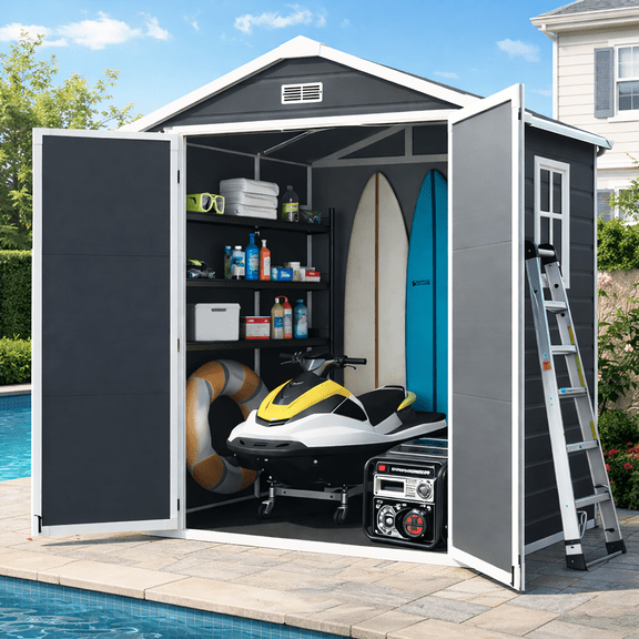 6FT Resin Shed, Outdoor Storage Shed with Floor & Window, Large Patio Plastic Tool Shed for Garden Yard, Lockable Bike Shed with Padlock, as Pet Home Trash Can Storage