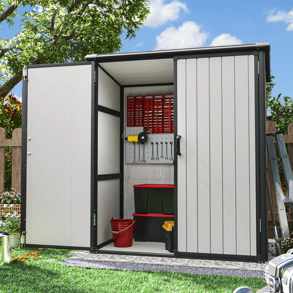 Sheds & Outdoor Storage, 5x3FT Outdoor Storage Shed with Floor, Waterproof Patio Plastic Shed Sloped Roof, Lockable Garden Bike Tool Shed Two Door Design, White