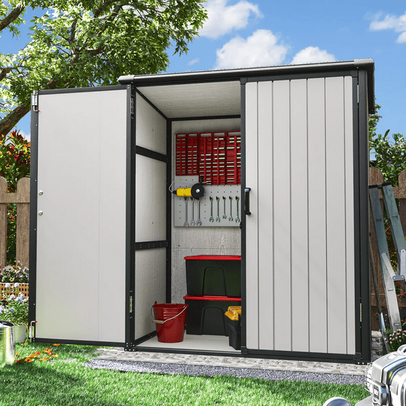 Sheds & Outdoor Storage, 5x3FT Outdoor Storage Shed with Floor, Waterproof Patio Plastic Shed Sloped Roof, Lockable Garden Bike Tool Shed Two Door Design, White