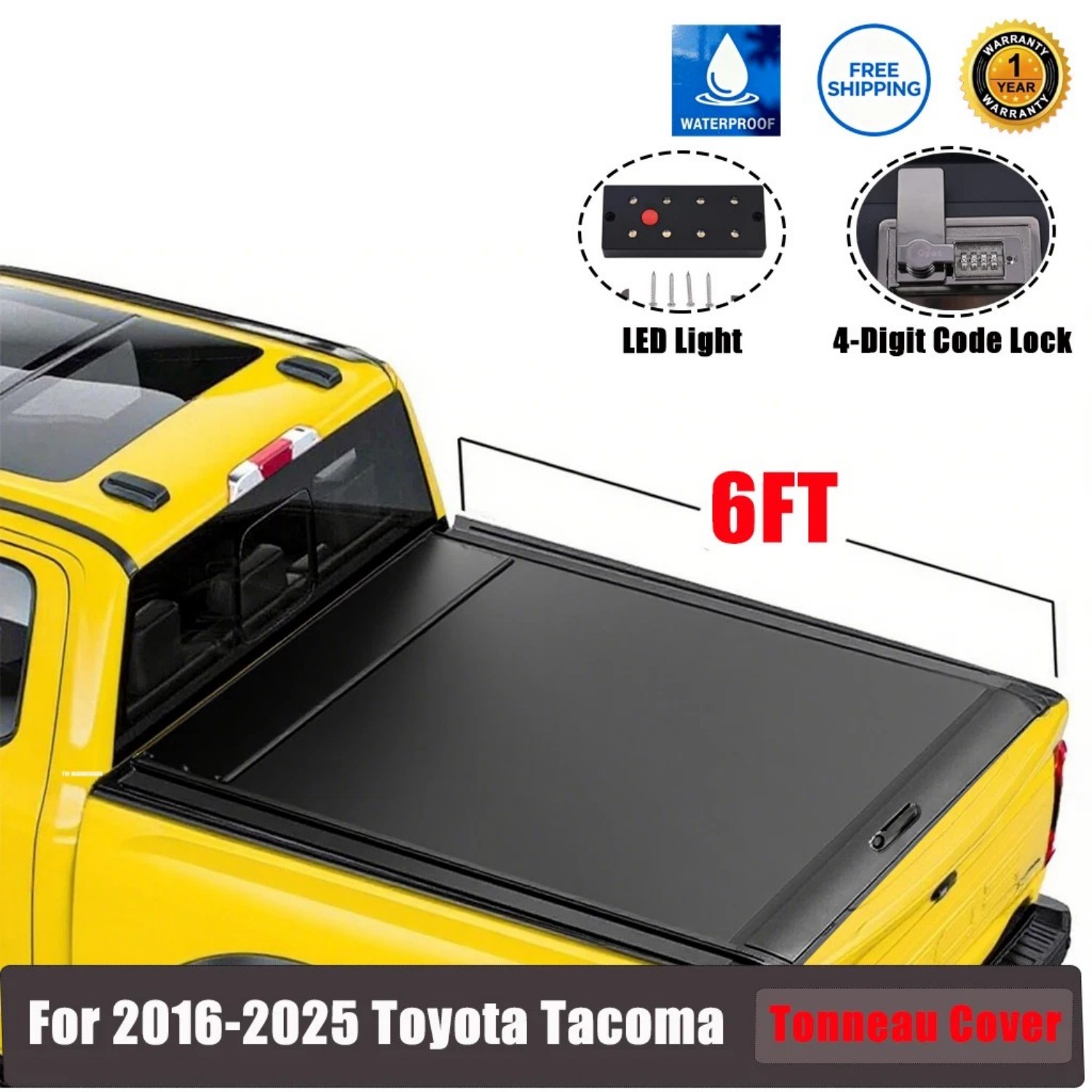Hard Tri-Fold Tonneau Cover For 2016-2023 Toyota Tacoma 6ft Bed – Waterproof, No Drill Install