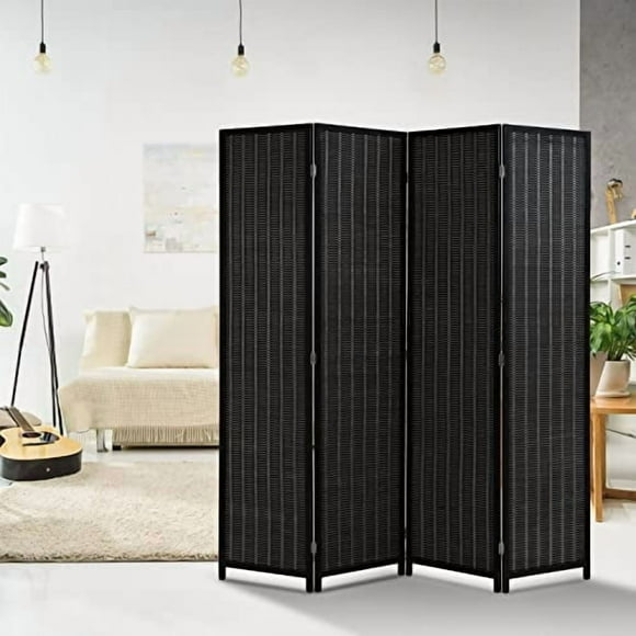 6FT Room Divider 4 Panel, 72 Inch Wall Divider Wood Screen Privacy Screen Seperating Divider Handwork Bamboo Folding Portable for Home Bedroom, Black