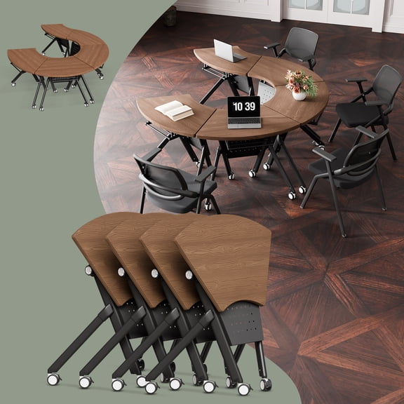 6FT Round Conference Table, 4PCS 35.4in Folding Conference Room Tables for 6-8 People, Modular Fan Shaped Training Table with Wheels, Mobile Nesting Seminar Meeting Table for Office(Walnut,4)