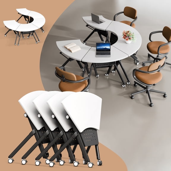 6FT Round Conference Table, 4PCS 35.4in Folding Conference Room Tables for 6-8 People, Modular Fan Shaped Training Table with Wheels, Mobile Nesting Seminar Meeting Table for Office(White,4)