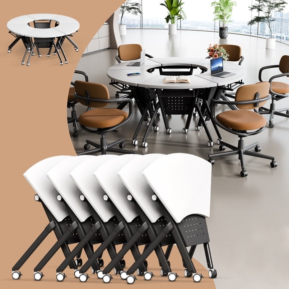6FT Round Conference Table, 6PCS 35.4in Folding Conference Room Tables for 6-8 People, Modular Fan Shaped Training Table with Wheels, Mobile Nesting Seminar Meeting Table for Office(White,6)
