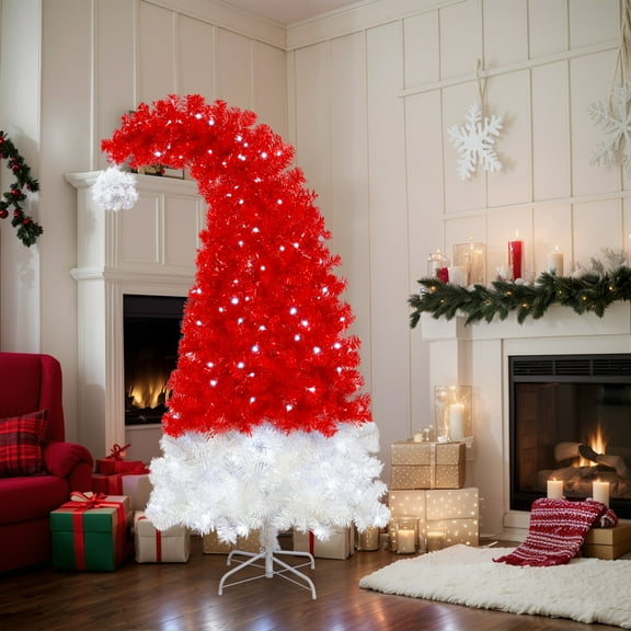 6FT Santa Hat Shaped Artificial Christmas Tree 1050 Tips Whimsical Curved Xmas Tree with Built in LED Lights Festive Holiday Decoration