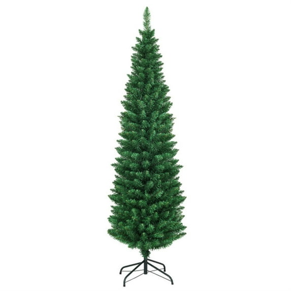 6FT Slim Pencil Christmas Tree with 400 Realistic PVC Branches, Artificial Slim Christmas Tree with Metal Base, Slim Fir Xmas Tree for Holiday Decoration