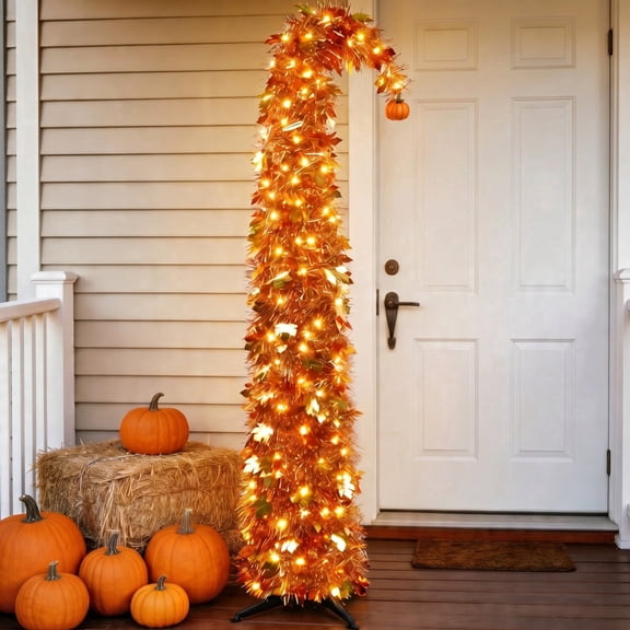 6FT Slim Pop Up Halloween Thanksgiving Tree with Fairy Lights Harvest Tree with Maple Leaves Pumpkins Foldable Collapsible Pencil Fall Tree for Outdoor Porch Patio Deck Living Room Decor