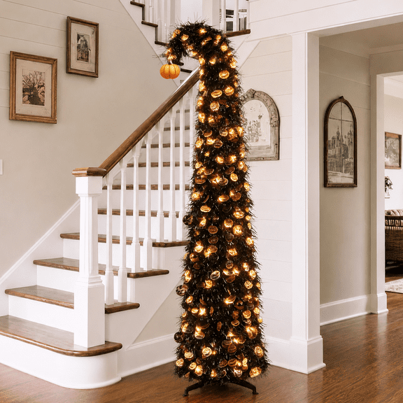 6FT Slim Pop Up Halloween Thanksgiving Tree with Fairy Lights Harvest Tree with Maple Leaves Pumpkins Foldable Collapsible Pencil Fall Tree for Outdoor Porch Patio Deck Living Room Decor