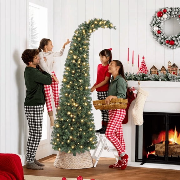 6FT Slim Pre-Lit Christmas Tree - Bent Santa Hat Top, 493 Tips, 200 Warm White LEDs (8 Modes), Indoor Use Only, Small Space Decor